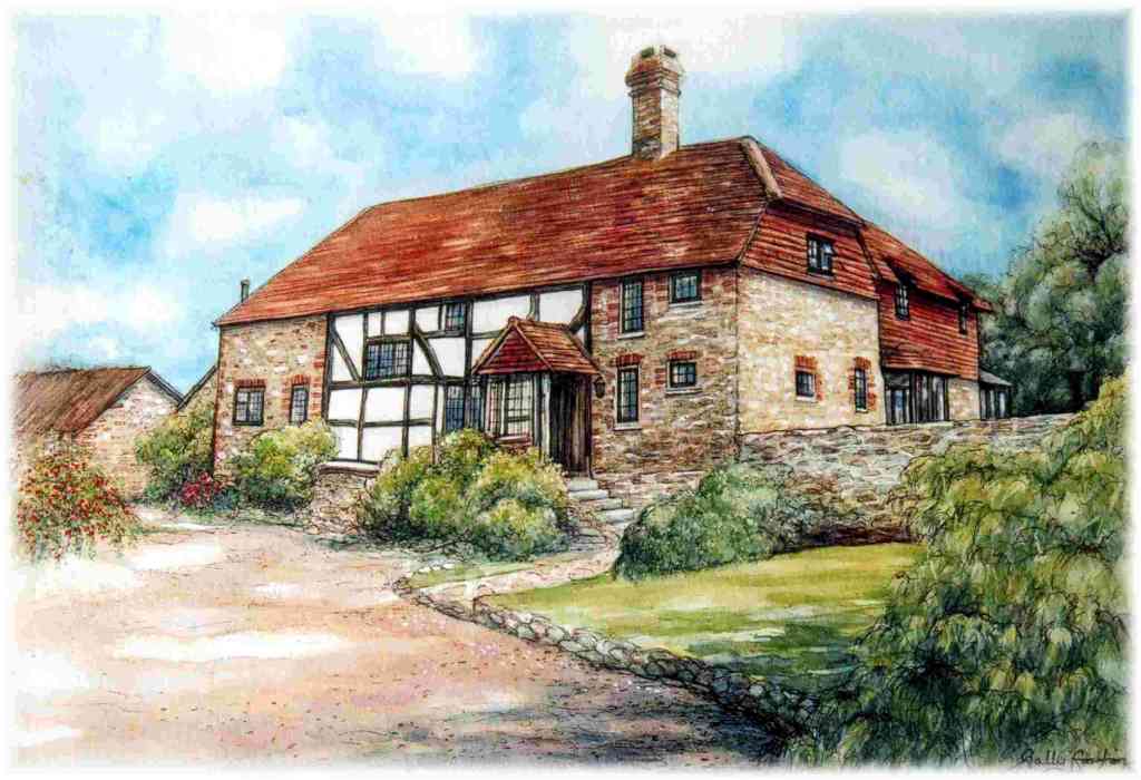 A painting of Upper Highfield Farm, Thursley, by Sally Gorton